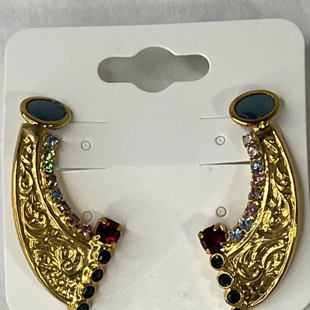 Gold Tone Statement Earrings W/ Multicolor Gemstones & Intricate Design
